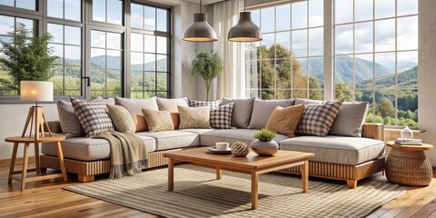 Fototapeta premium Open space interior with modular sofa, wooden coffee table, big window