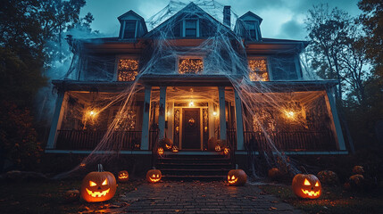 Haunted House Decorated with Pumpkins and Cobwebs for Halloween