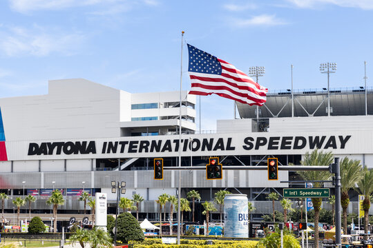 Daytona Beach, FL, USA - August 24, 2024: Daytona International Speedway is a race track in Daytona Beach hosting the Daytona 500, as well as other races and entertainment. No people.