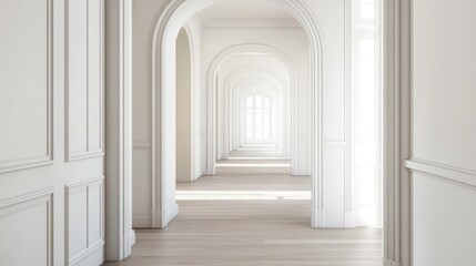 White arched hallway with wooden floor and a window at the end.