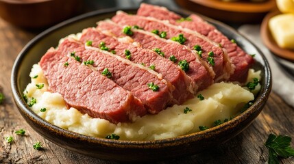 Close-up of corned beef and mashed potatoes. Perfect for illustrating a recipe or showcasing a delicious meal.