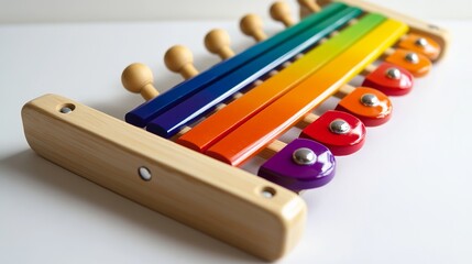 Fototapeta premium Vibrant rainbow xylophone with colorful metal bars and wooden mallets for kids' education and fun playtime. This musical instrument is ideal for introducing children to music