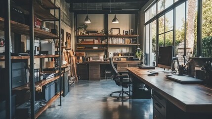 Fototapeta premium Modern office space with a large window, wooden desk, and an industrial shelving unit.