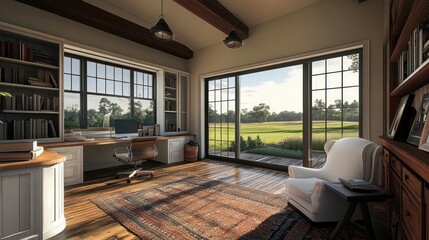 Fototapeta premium A home office with a view of a lush green field through a large sliding door. The office features a wooden desk, a chair, a bookshelf, and a rug.