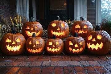 Obraz premium Carved pumpkins with various expressions are arranged neatly on a porch for Halloween decoration
