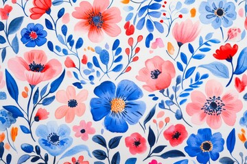 This design showcases a vibrant watercolor floral pattern with blooming anemones in rich shades of blue, pink, and purple, complemented by intricate leafy details for an elegant look
