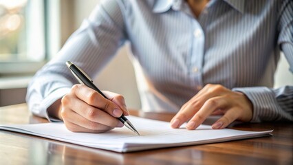 Close-up of a person filling out paperwork with a pen, application, form, document, submit, paperwork, signature