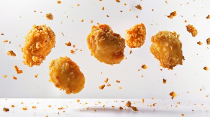 Crispy fried chicken nuggets, floating in mid-air, white background, macro shot, crumbs falling, golden brown breading, textured surface, high-resolution, studio lighting