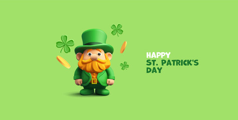 Cute St. Patrick character, 3D. Green banner for happy st Patrick's day celebration. A realistic character with a hat, beard, coins, and shamrocks. Concept of luck. Vector