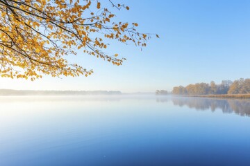 Obraz premium A tranquil lake reflecting the golden hues of dawn, evoking feelings of peaceful harmony and soulful connections