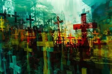 Obraz premium city painting featuring an array of crosses, illustrating the intersection of culture and religious symbolism., Crosses and inverted crosses blending in a surreal mix, Ai generated