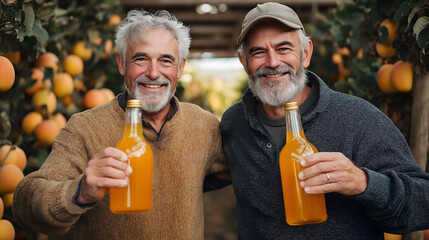 Fototapeta premium Farmers Holding Bottles of Fresh Orange Juice in an Orange Field