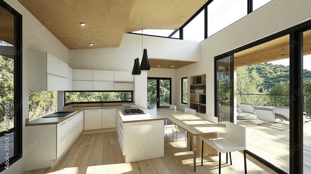 Canvas Prints Modern kitchen interior with white cabinets, wooden floors, and large windows overlooking a wooded view.