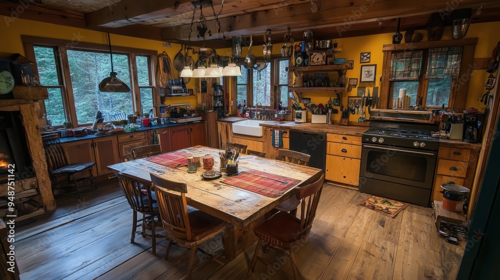 Canvas Prints Rustic kitchen with a wooden table and chairs, a large window overlooking a forest, and a fireplace.