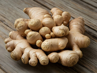 Racimo de ra&iacute;ces frescas de jengibre sobre un fondo de madera
