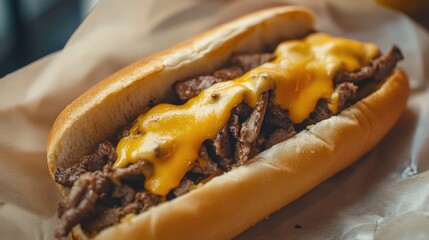 Close-up of a Philly cheesesteak sandwich. This photo is perfect for advertising or promoting food blogs, restaurants, or any business related to food.