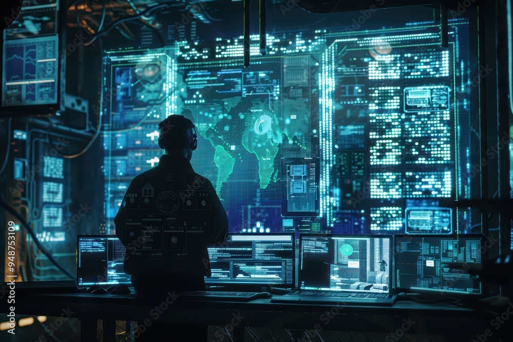 Poster a futuristic operator analyzes data on multiple screens in a high-tech control room, surrounded by g