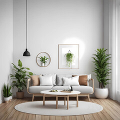 Living room interior in beige colors with six white frame. 3d rendering. Modern living room