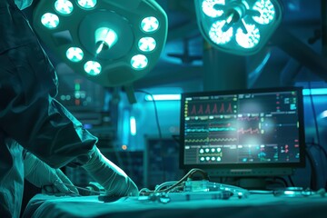 Obraz premium A healthcare professional monitors vital signs on a digital monitor in a dimly lit surgical room with bright surgical lights.