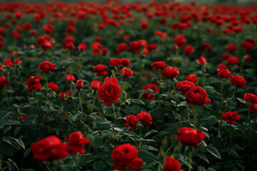 A field of red roses with a few lone red roses in the middle