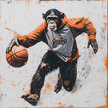 A playful monkey dribbles a basketball with skill and enthusiasm, showcasing its surprising athleticism and agility. The scene is lively and dynamic, capturing the fun and energy of the game