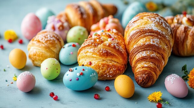 Colorful Easter pastries and eggs. Perfect for a springtime celebration, showcasing a variety of delicious treats.