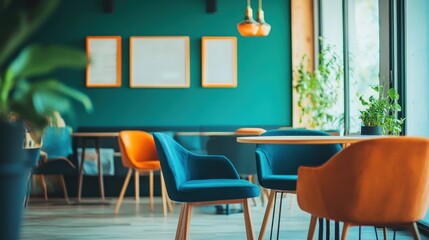 Fototapeta premium Interior design of a cafe with blue and orange chairs, wooden table, and green plants.