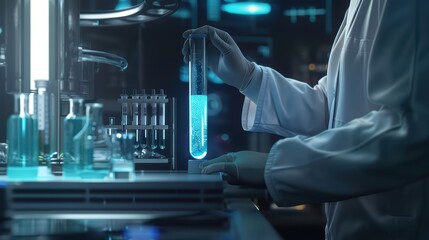 Fototapeta premium A scientist conducts an experiment in a modern lab, holding a test tube filled with blue liquid, showcasing scientific research.