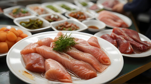 Exquisite Close-up of Fresh Seafood Plates at a Tokyo Fish Market &ndash; A Captivating Image with Sharp Linework, Translucent Texture, and Impeccable Detailing, Captured on Getty Images