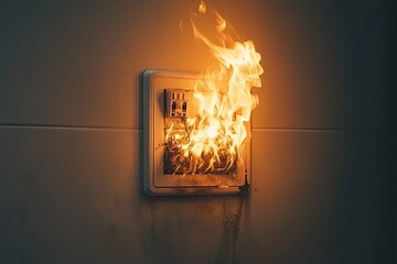 An electrical outlet engulfed in flames. This image depicts the danger of faulty wiring and electrical fires.