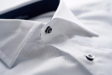 A white shirt with a black and blue collar