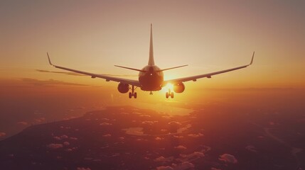 An airplane gliding over coastal landscapes at sunset, showcasing the beauty of flight and nature