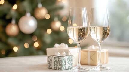 Enchanting Christmas Elegance: Close-up of Wine Glasses and an Exquisitely Detailed Christmas Tree with Sophisticated Ornaments