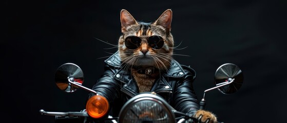 A stylish cat wearing sunglasses and a leather jacket, confidently posing on a motorcycle against a dark background.