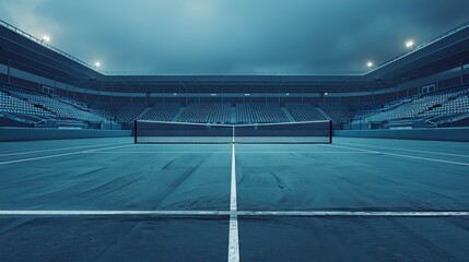 A tranquil tennis court scene under a moody sky, featuring empty stands and a central net, perfect for sports-themed visuals.