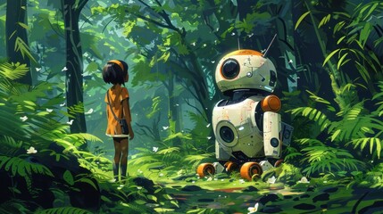 A young girl in an orange jacket stands in a dense forest next to a yellow-white robot with a large domed head.