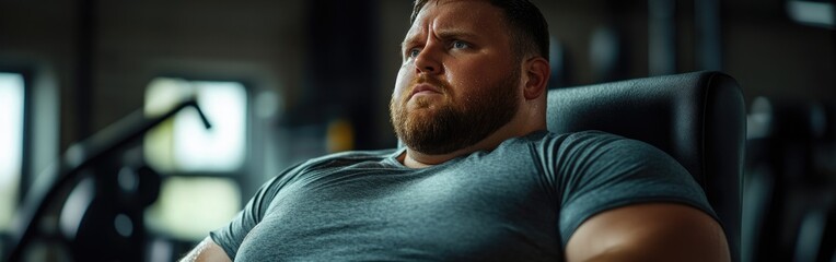 Obraz premium A determined man rests in a gym chair, sweating after an intense workout session
