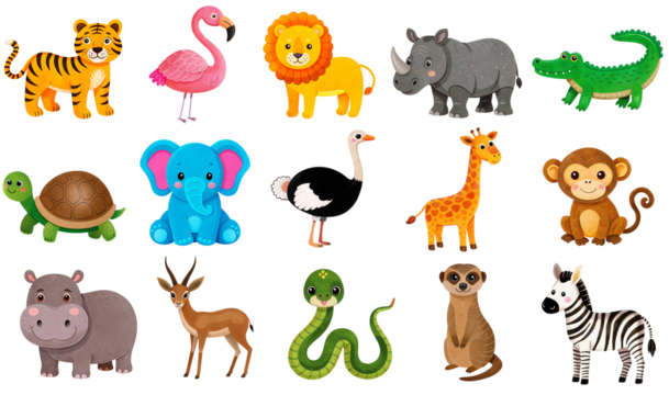 Cute cartoon African and jungle animals, PNG images, isolated with transparent background - Powered by Adobe