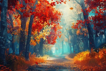 A vibrant autumn forest pathway surrounded by colorful trees, showcasing brilliant red and orange leaves in soft, diffused light.