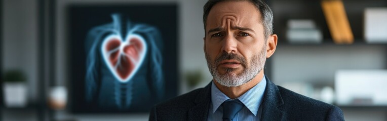 A middle-aged man in business attire shows concern with a heart X-ray view behind him