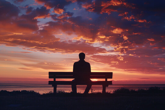 A man sits on a bench overlooking the ocean at sunset