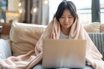 Naklejka premium A young Asian woman enjoys cozying up with a laptop while wrapped in a soft blanket at home, creating a warm and inviting atmosphere.