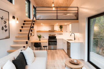 Cozy modern interior of a small house featuring a loft, minimalist decor, and warm lighting, perfect for relaxation and comfort.