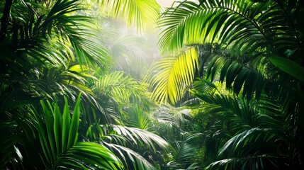 Obraz premium Lush tropical forest scene with vibrant green nature leaves, evoking a tranquil natural setting.