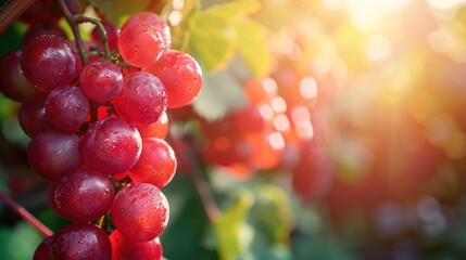 A close-up of ripe red grapes hanging from the vine with sunlight enhancing their rich red colour, capturing the essence of summer harvest and freshness.