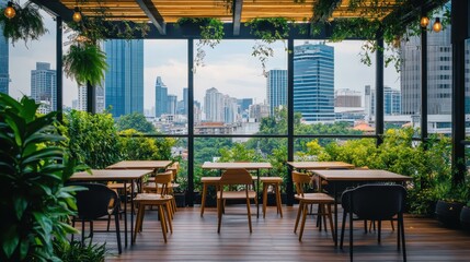 Fototapeta premium Scenic rooftop cafe with modern cityscape view, lush greenery, and cozy seating. Perfect for urban relaxation and social gatherings.