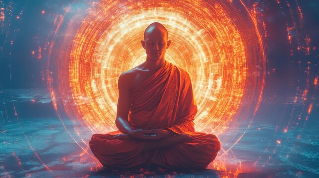 A serene monk meditating with an ethereal glowing halo, symbolizing inner peace and spiritual enlightenment in a mystical setting.