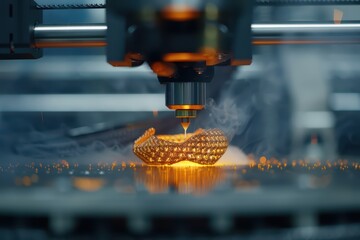 Close-up of a 3D printer creating an intricate design with glowing filament and smoke, showcasing advanced manufacturing technology.