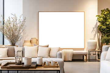 Modern living room with neutral decor, a large white canvas on the wall, cozy seating, and elegant indoor plants.