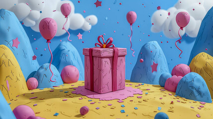 A playful, colorful staircase surrounded by pink and blue balloons, offering a whimsical and joyful scene